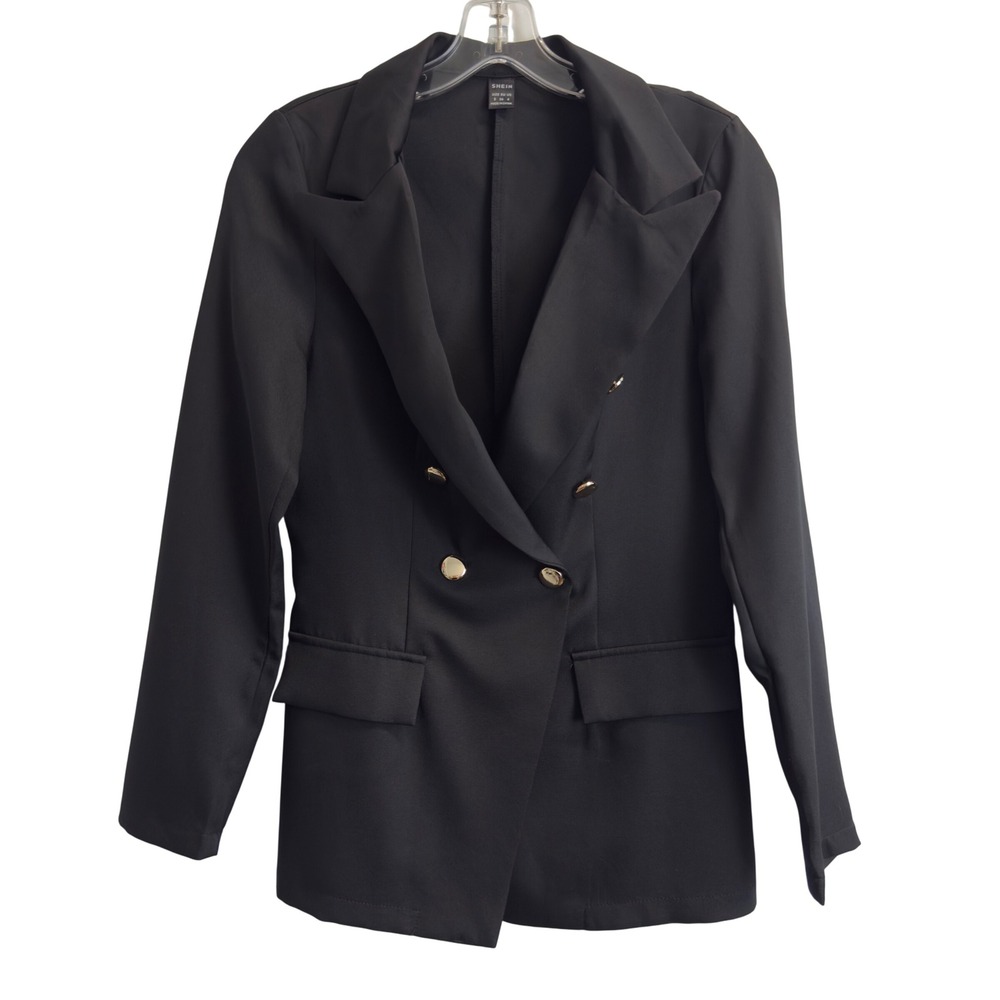 SHEIN Womens Black Double Breasted Blazer Gold Buttons Peak Lapel Size S 4